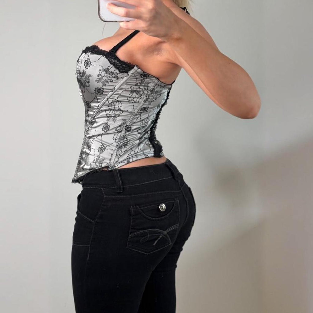 Silver black floral boned corset top