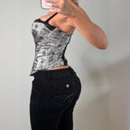 Silver black floral boned corset top
