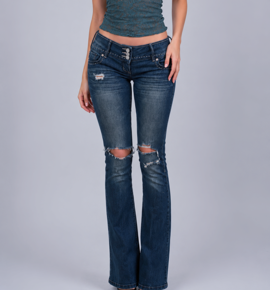 Vintage ripped blue low rise denim jeans