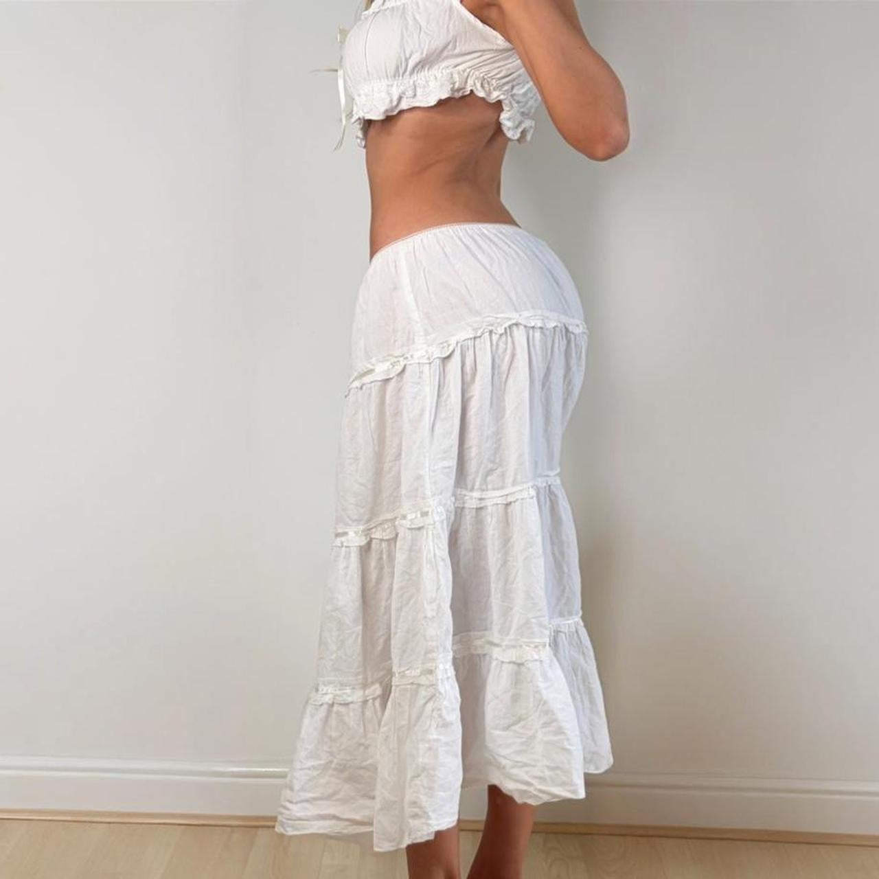 White low rise ruffle maxi skirt