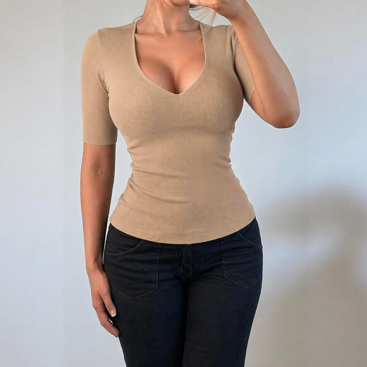 VINTAGE Tan brown ribbed v neck short sleeve top