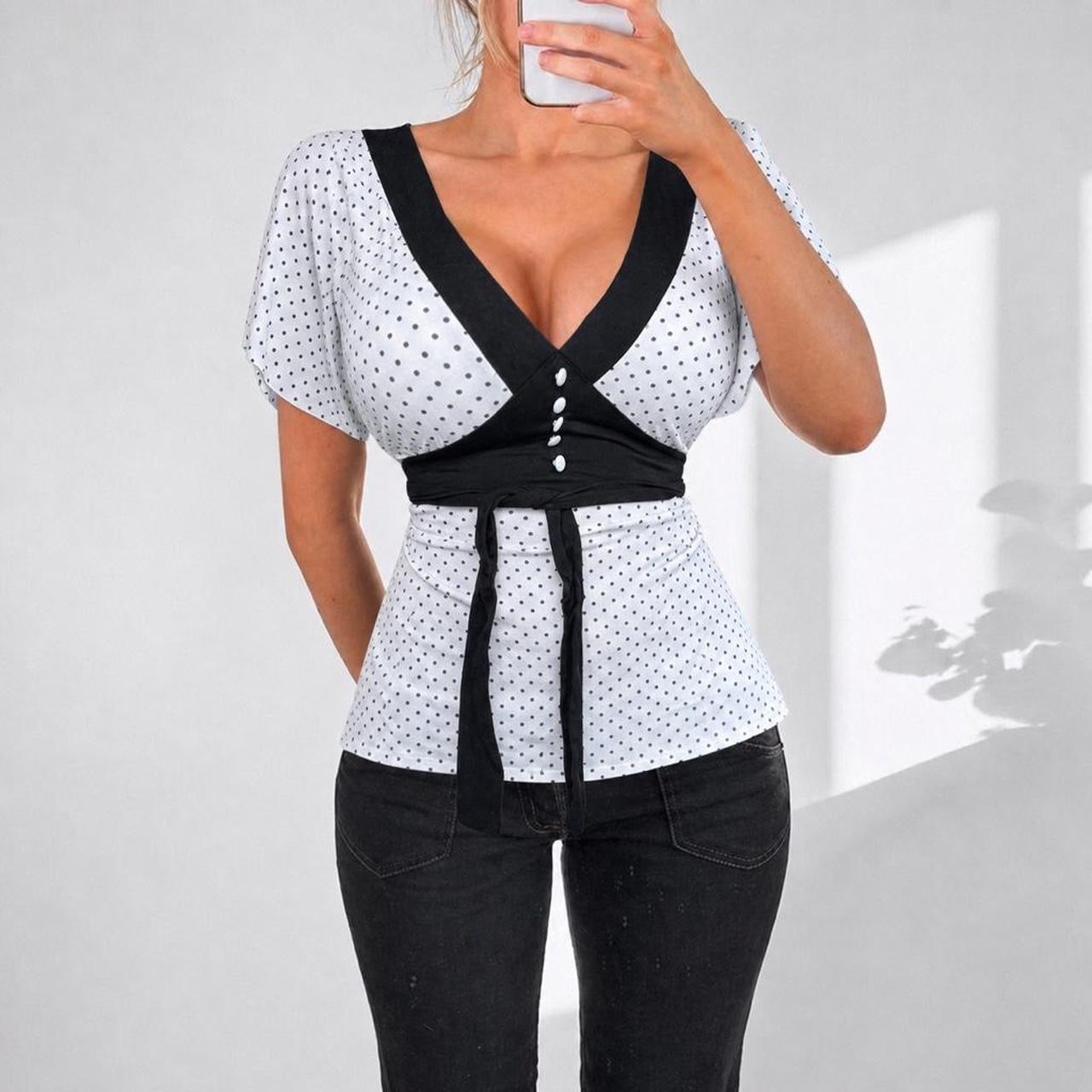 VINTAGE black & white polka dot tie top