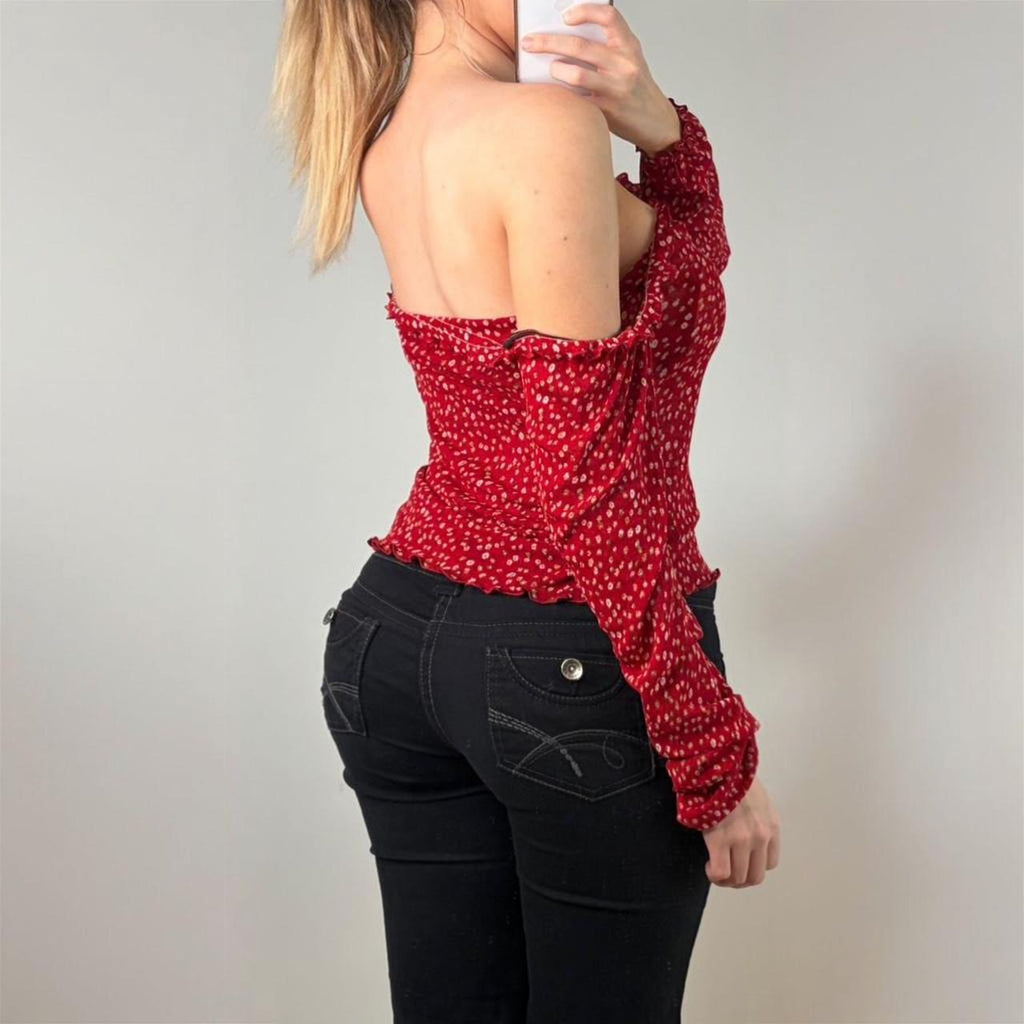 Red long sleeve mesh floral top
