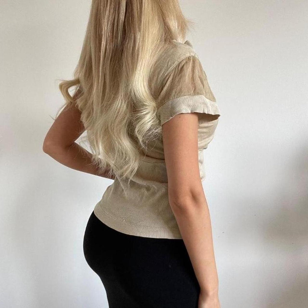 Cream ribbed short sleeve blouse top