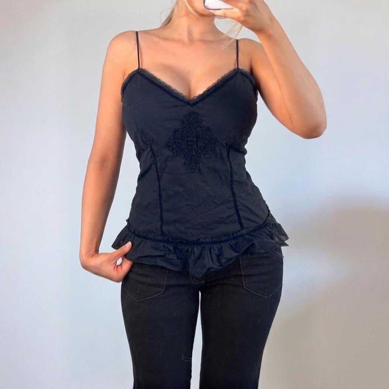 VINTAGE black ruffle cami vest top with crotchet embroidery