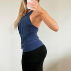 Navy blue ruched halter neck top with silver buckle detail