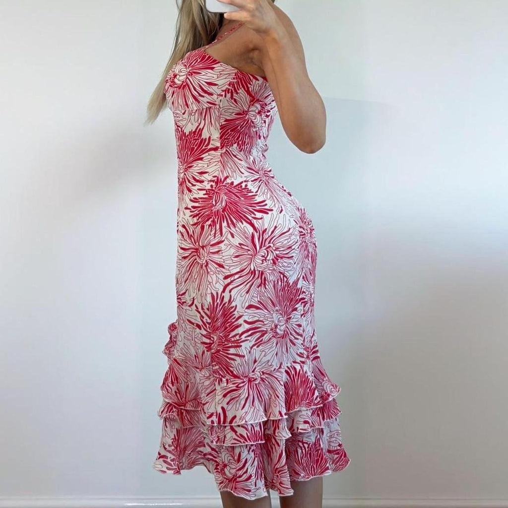 VINTAGE Red and white floral ruffle maxi dress