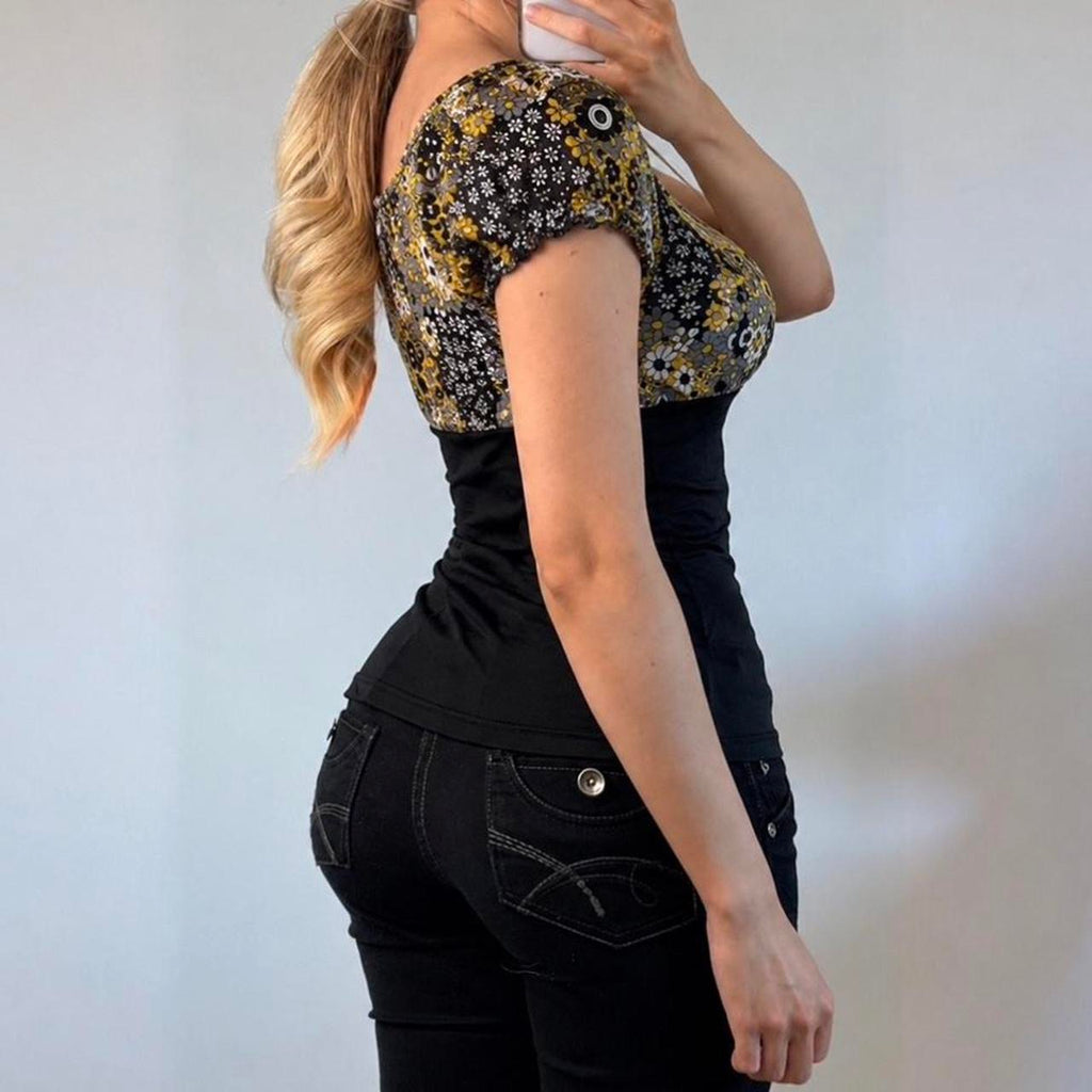 VINTAGE Yellow floral milkmaid blouse top
