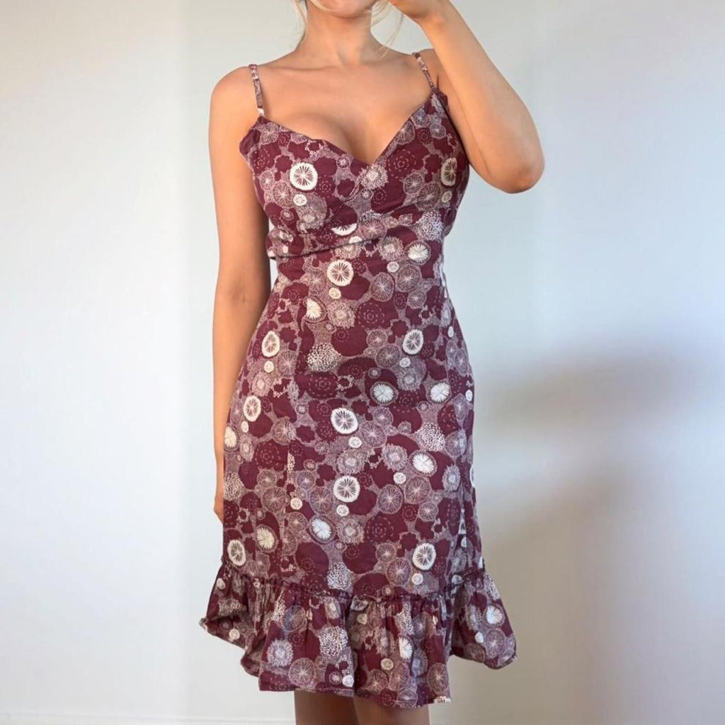 Vintage Burgundy purple white floral midi dress