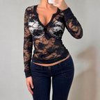 VINTAGE black lace long sleeve Henley blouse top