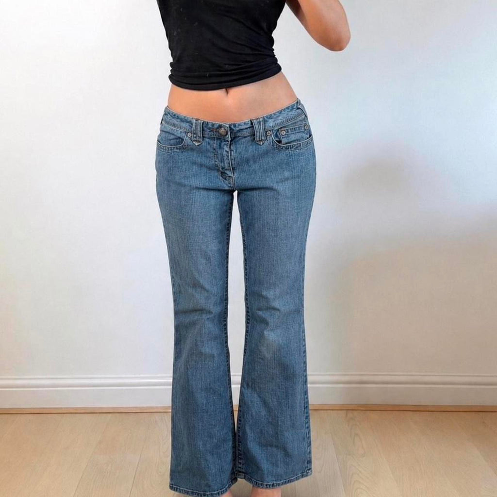 VINTAGE Light blue embroidered faded Low rise flared denim jeans