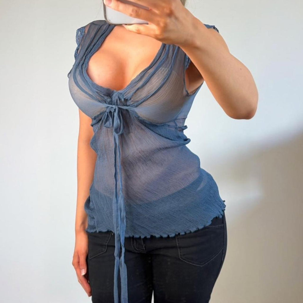 VINTAGE blue mesh short sleeve top