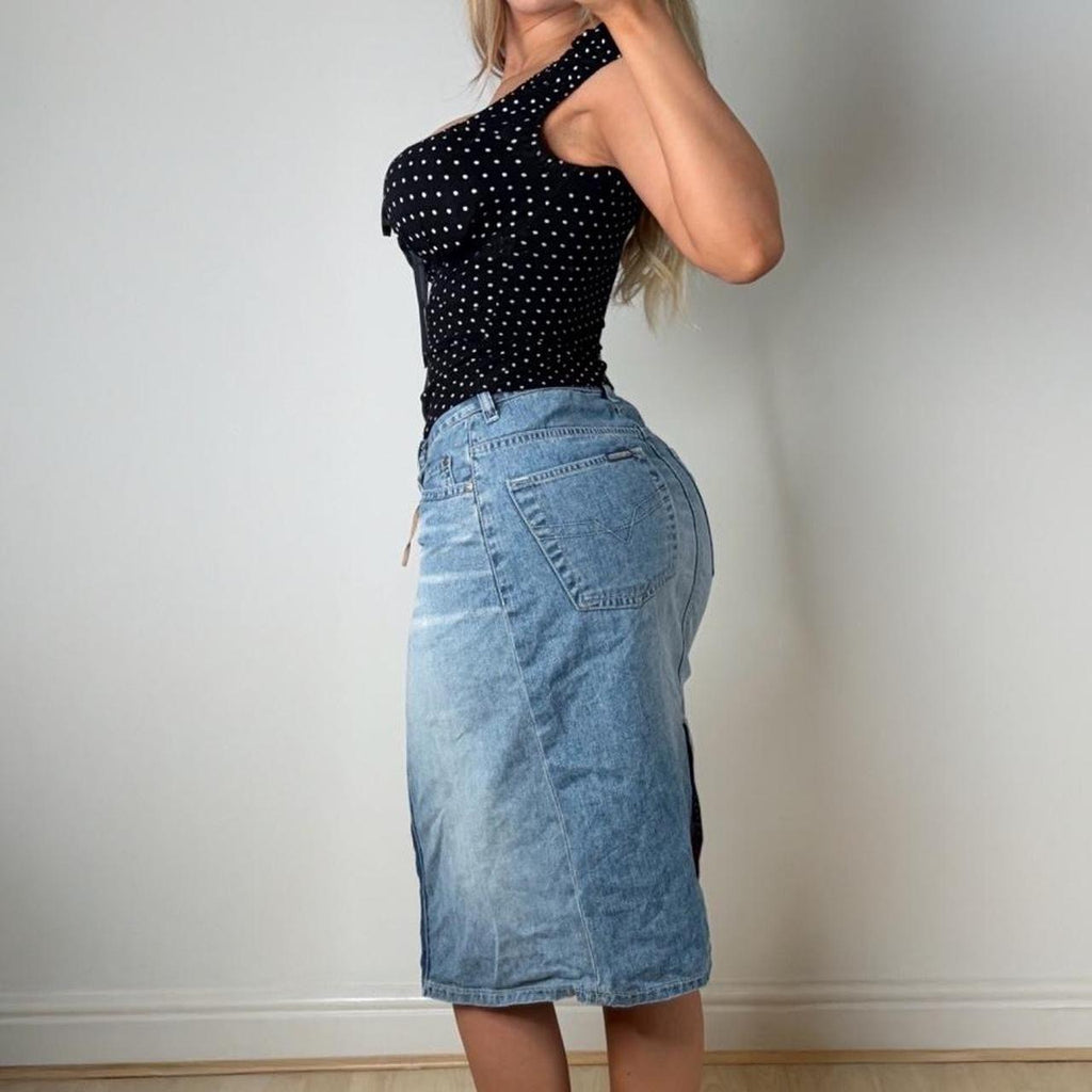 Blue denim midi skirt
