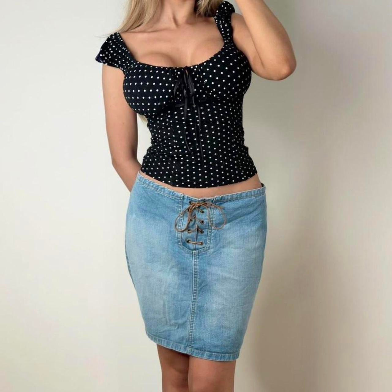 VINTAGE Blue denim mini skirt with lace up front