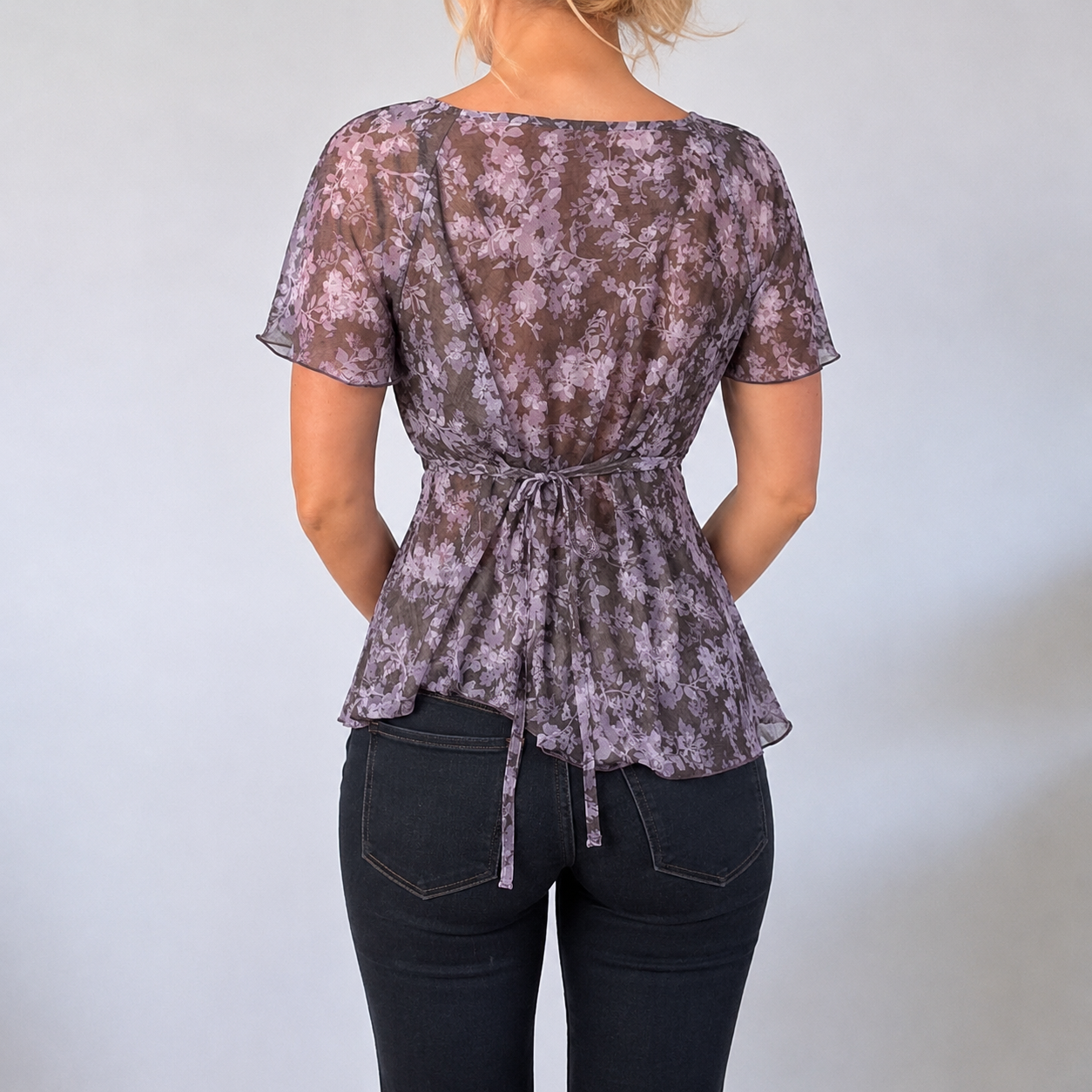 Vintage purple floral mesh tie blouse top