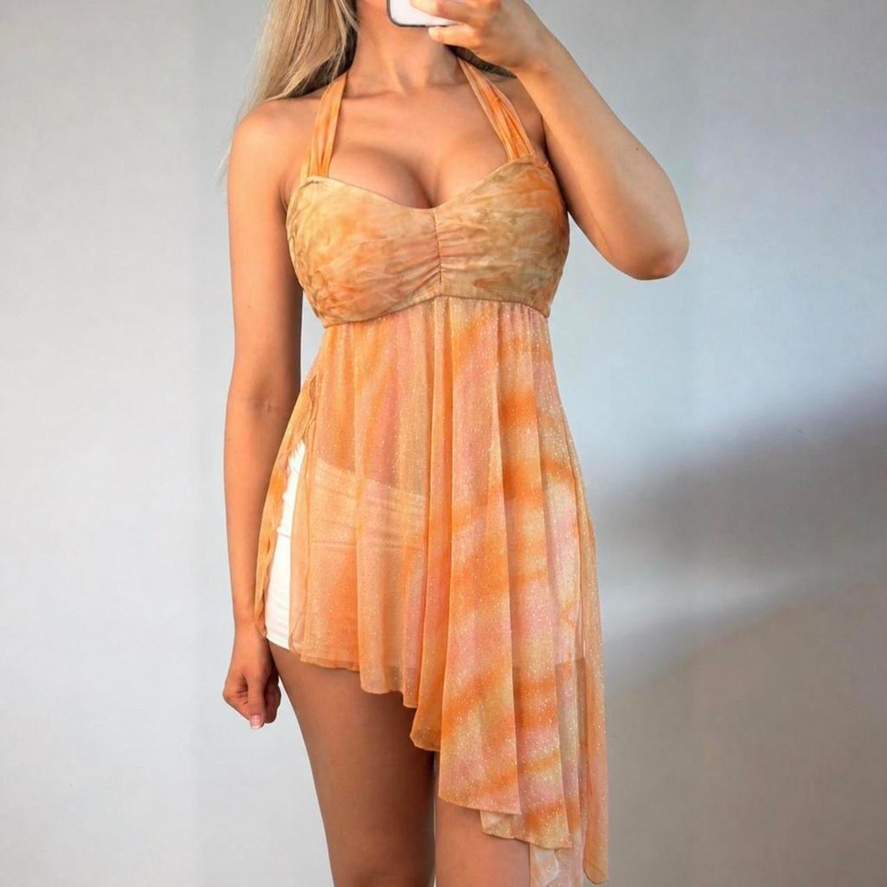 VINTAGE Orange mesh halter neck mini dress