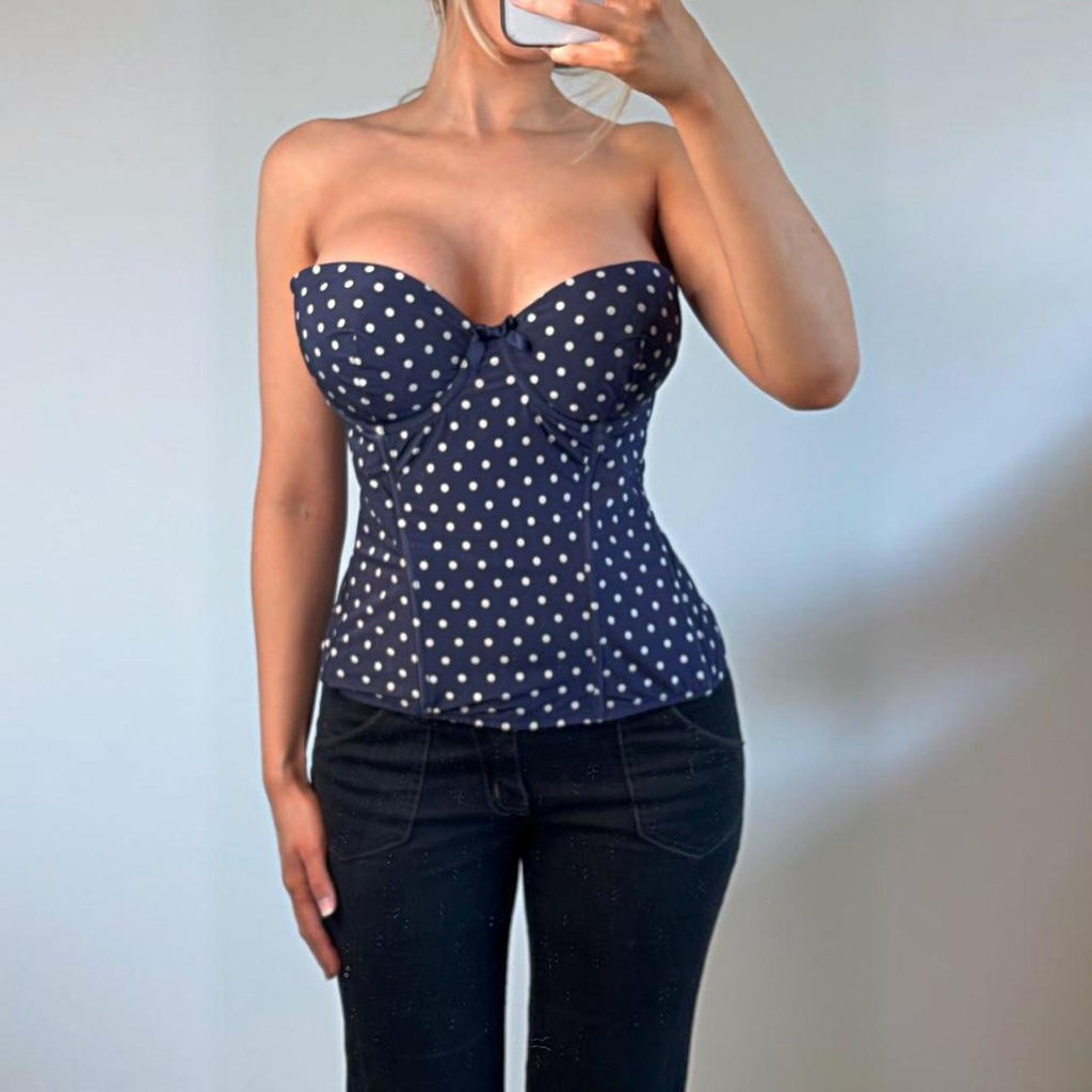 Navy blue white polka dot boned corset strapless top e