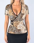 Vintage Leopard Print Wrap Top with Buckle