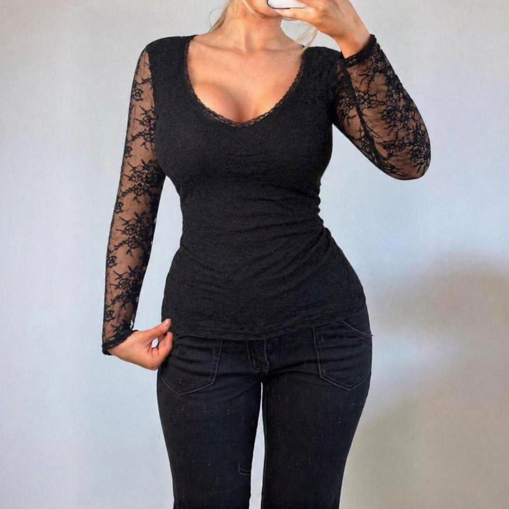 VINTAGE black lace long sleeve blouse top