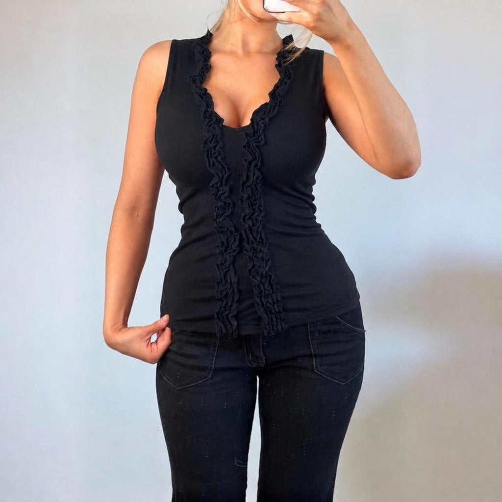 VINTAGE black ruffle sleeveless blouse top