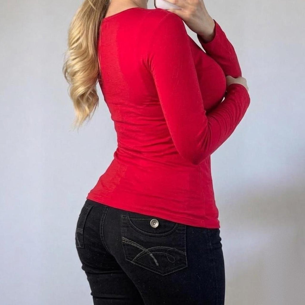 VINTAGE Red mesh long sleeve v neck blouse top