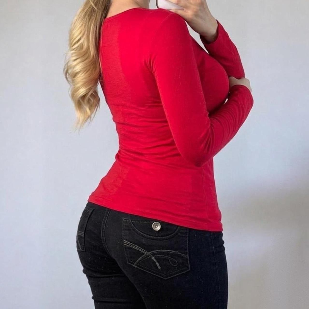 VINTAGE Red mesh long sleeve v neck blouse top