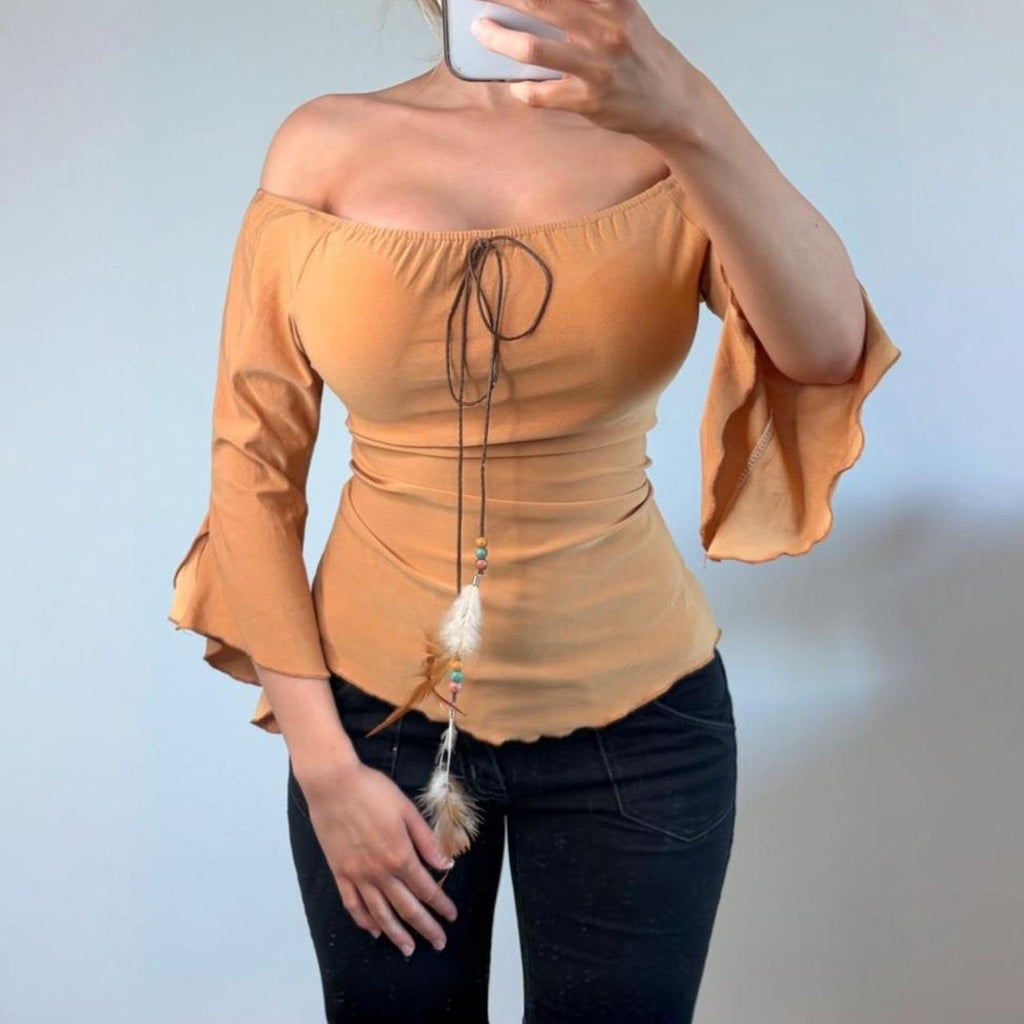 VINTAGE tan orange milkmaid blouse top
