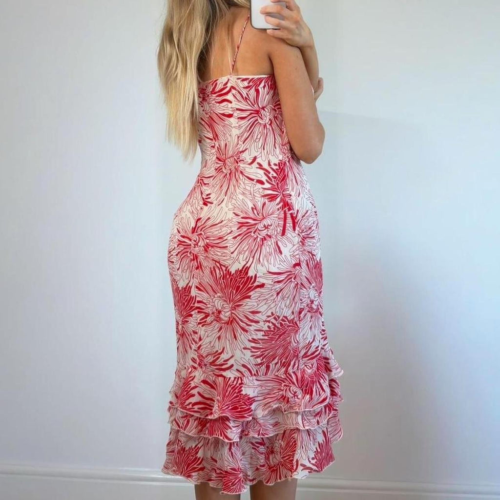 VINTAGE Red and white floral ruffle maxi dress