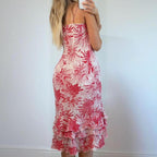 VINTAGE Red and white floral ruffle maxi dress