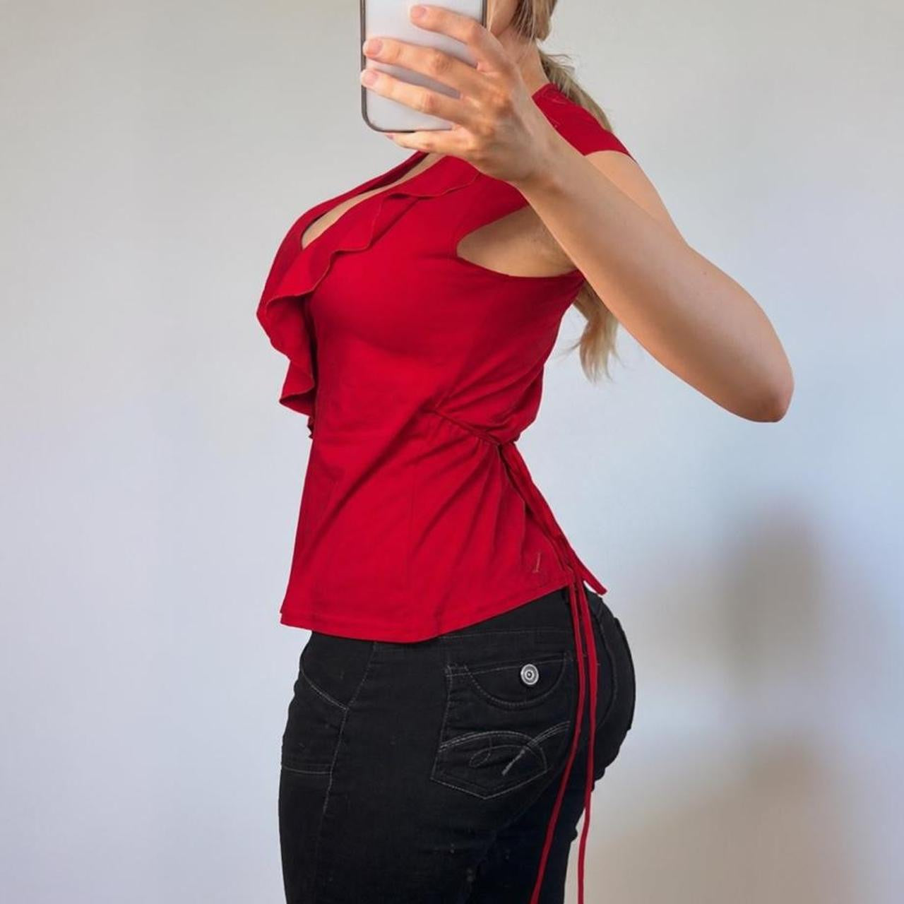 VINTAGE Red short sleeve v neck ruffle blouse wrap top