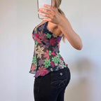 VINTAGE Navy blue sparkly sheer mesh floral cami top