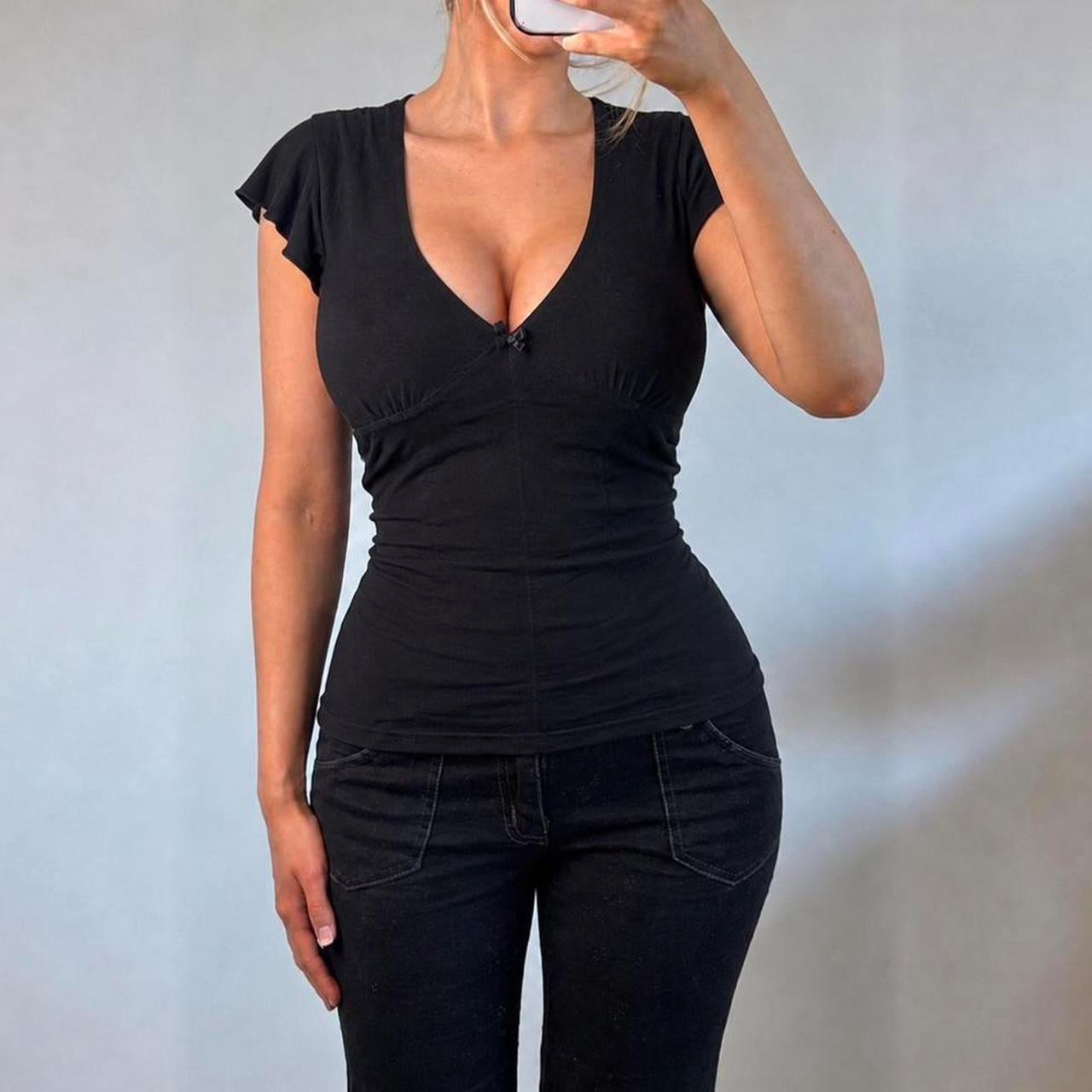 VINTAGE black ruched short sleeve blouse top
