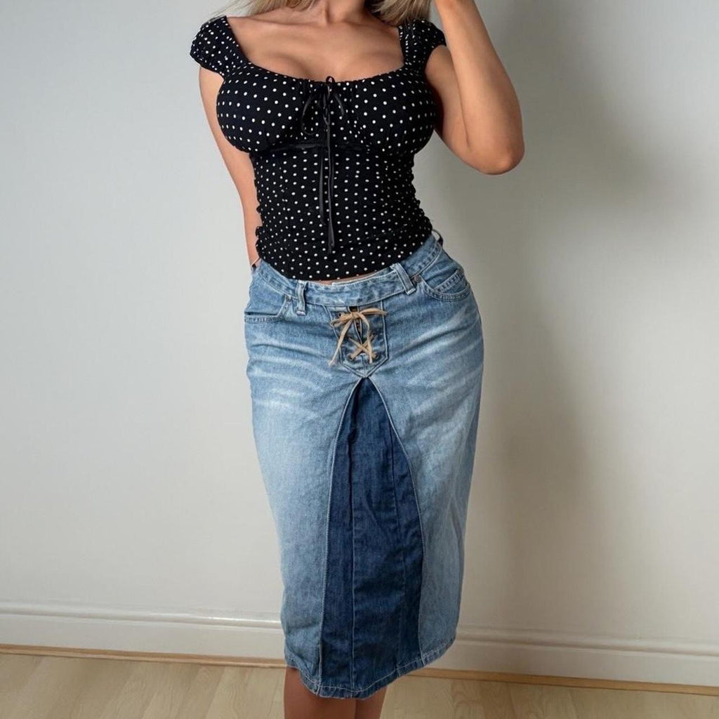 Blue denim midi skirt