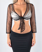 Vintage Brown Sequin Tie Cardigan Crop Top