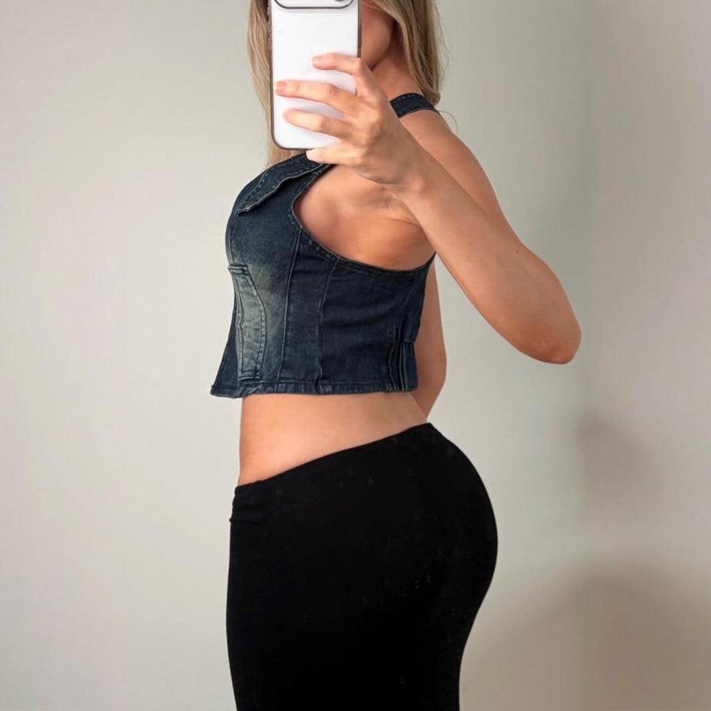 Blue denim cropped waist coat corset top