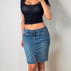 Blue low rise denim mini skirt