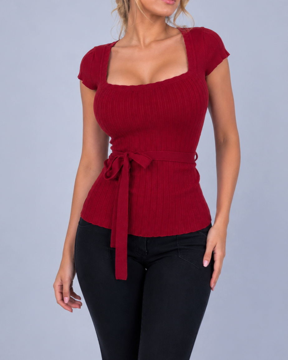 Vintage red short sleeve tie blouse top