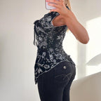 VINTAGE black White floral mesh tank top