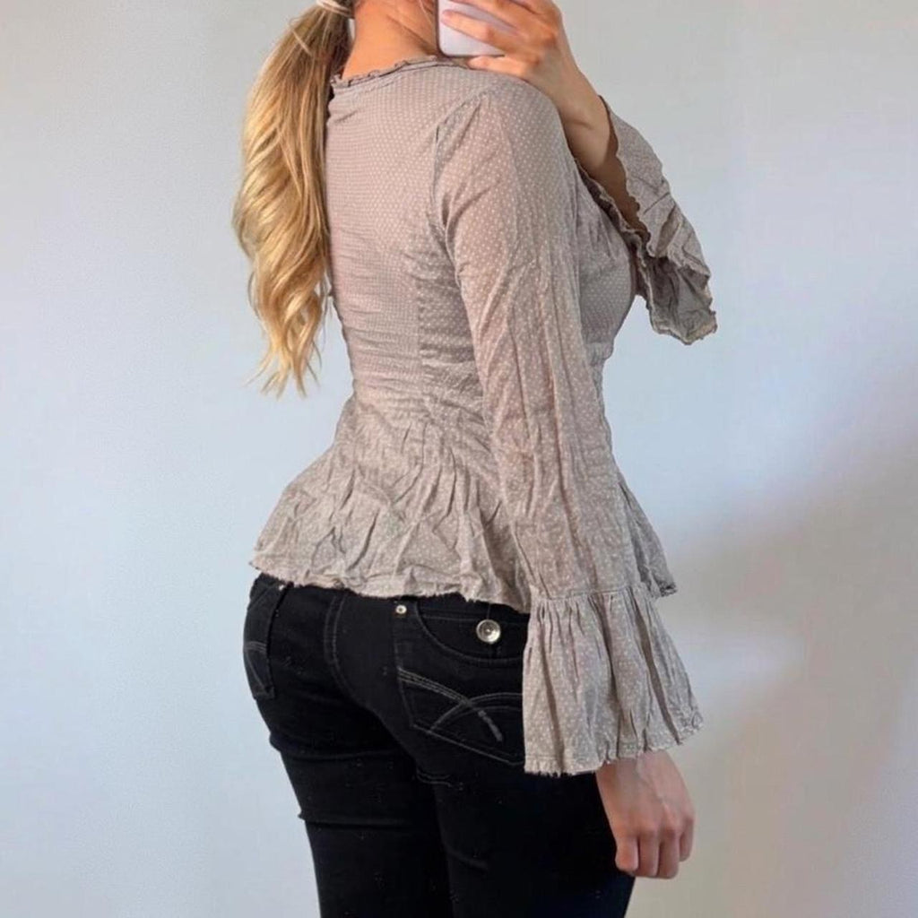 VINTAGE grey polkadot milkmaid blouse shirt top