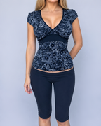 Vintage black floral wrap blouse top