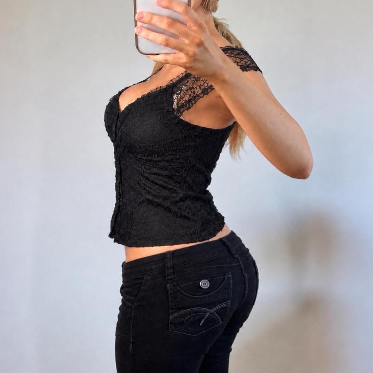 VINTAGE black lace short sleeve blouse top