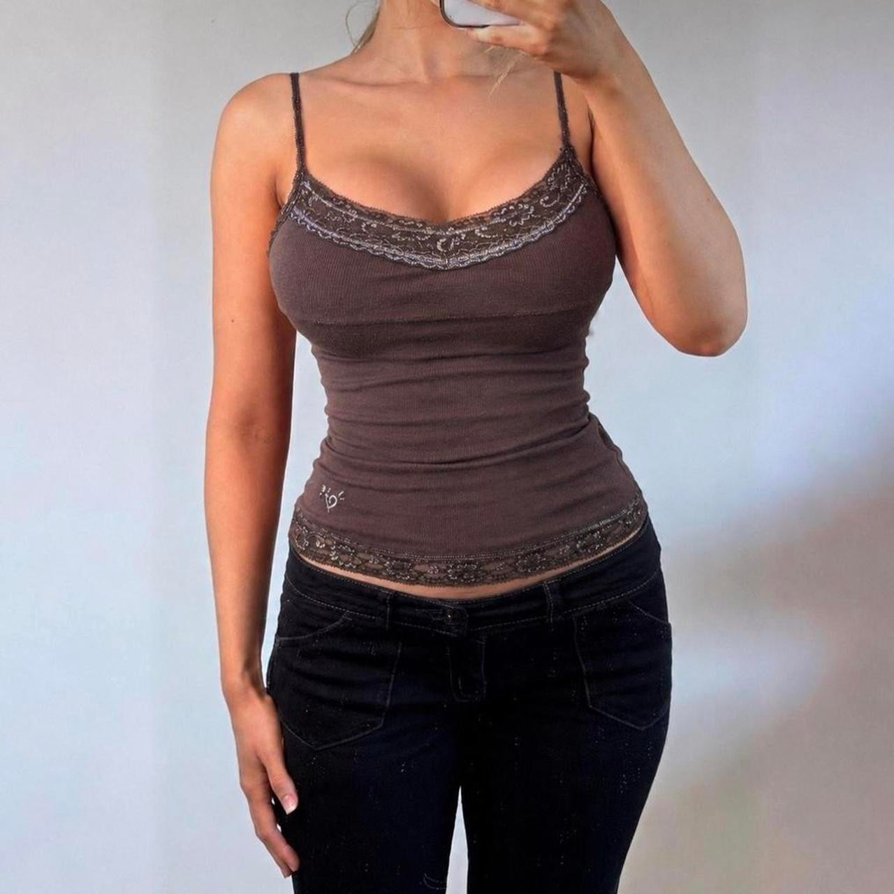 VINTAGE brown lace cami vest top