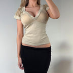 Cream ribbed short sleeve blouse top