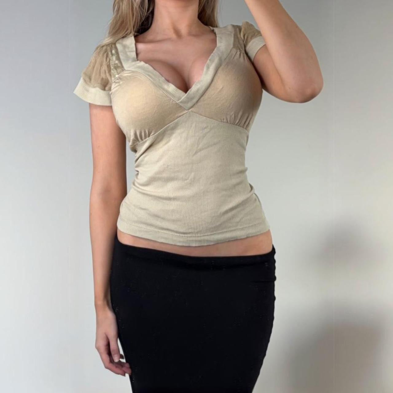 Cream ribbed short sleeve blouse top