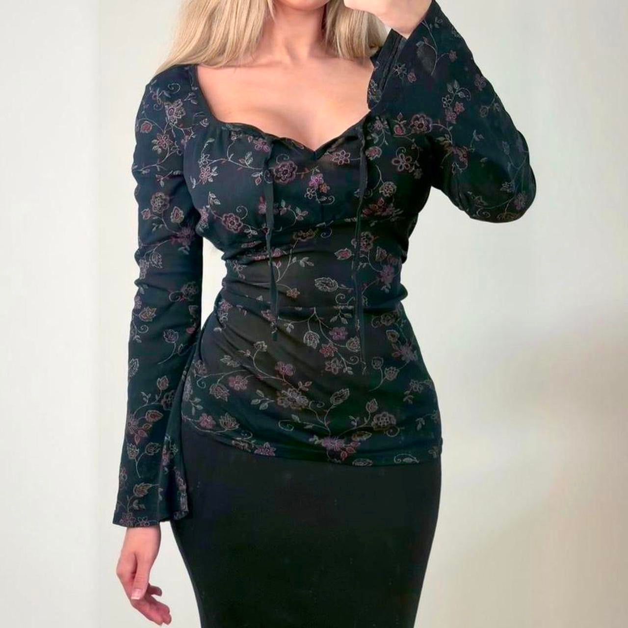 VINTAGE black floral mesh long sleeve blouse top