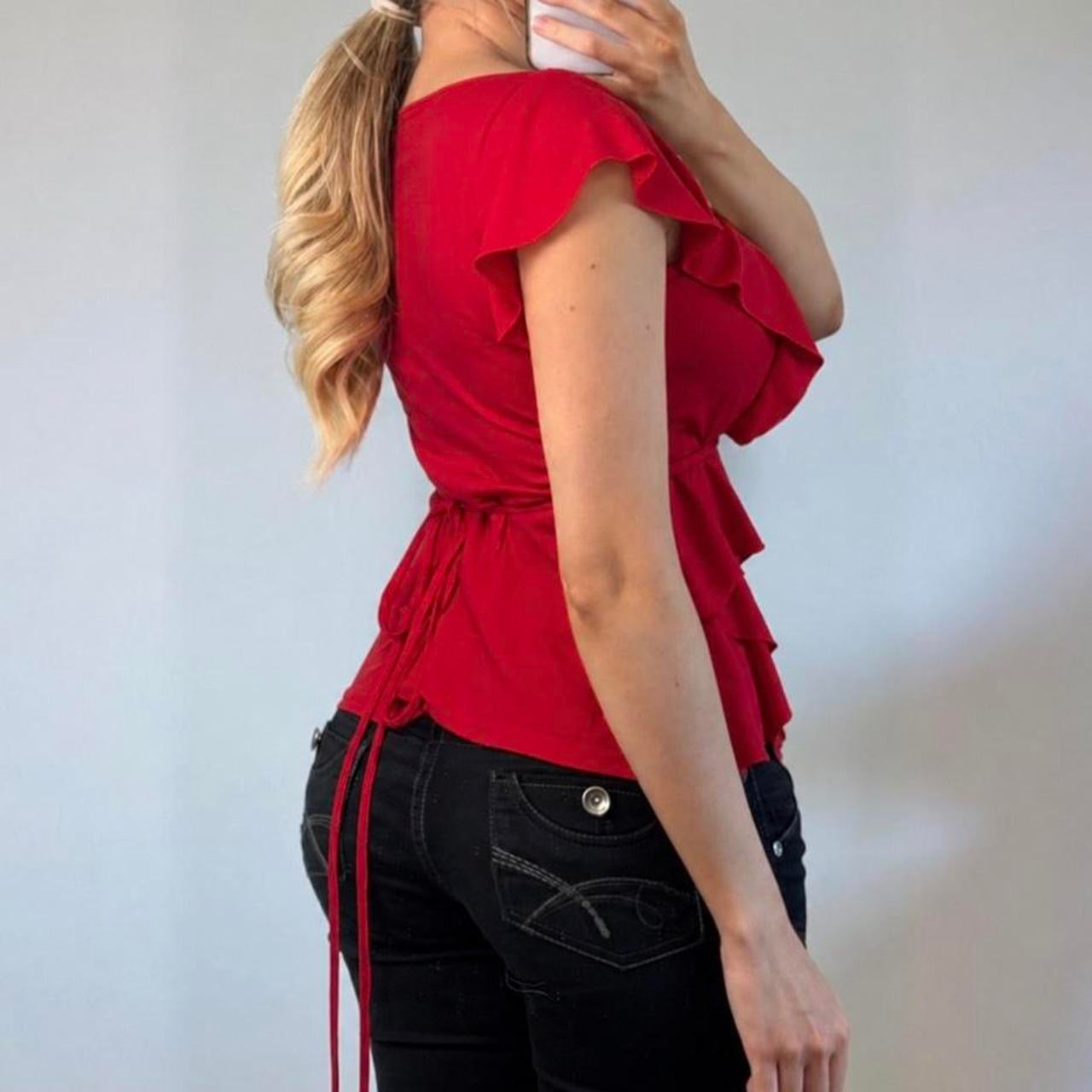VINTAGE Red short sleeve v neck ruffle blouse wrap top