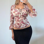 VINTAGE Pink floral milkmaid long sleeve blouse top
