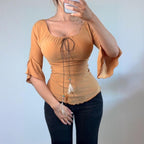 VINTAGE tan orange milkmaid blouse top