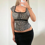VINTAGE Leopard print milkmaid blouse top