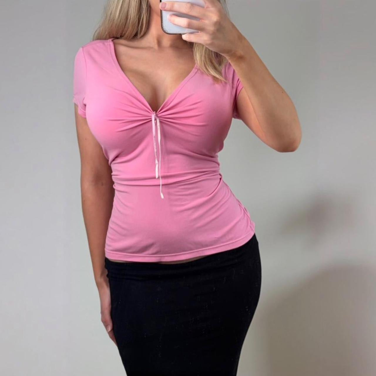 VINTAGE Pink short sleeve ruched blouse top